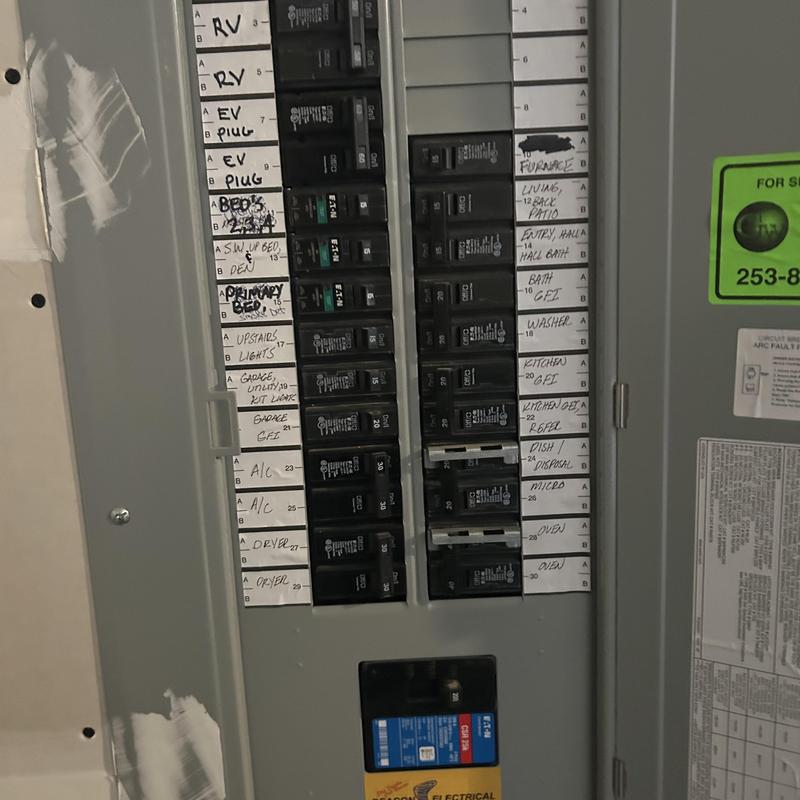 Electrical circuit breaker panel with labeled switches