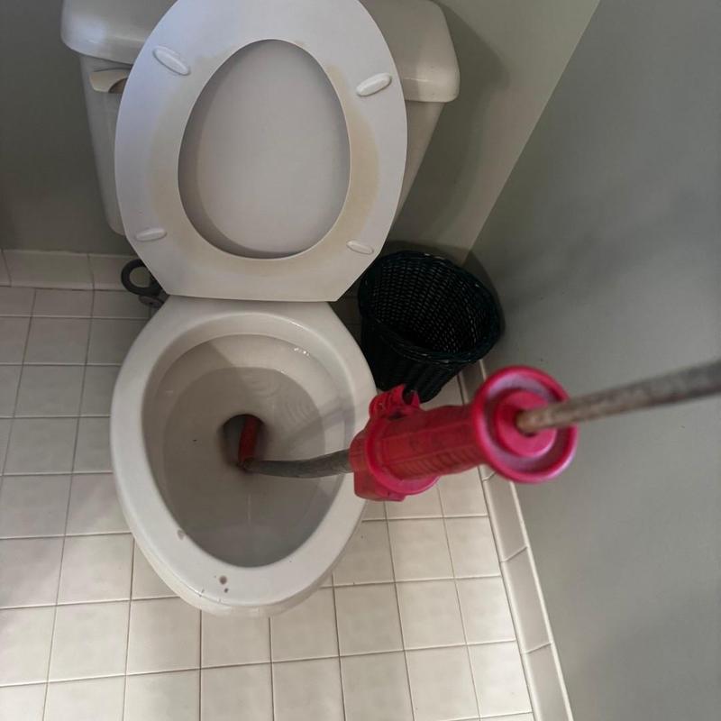 Toilet drain auger clearing clog in bathroom