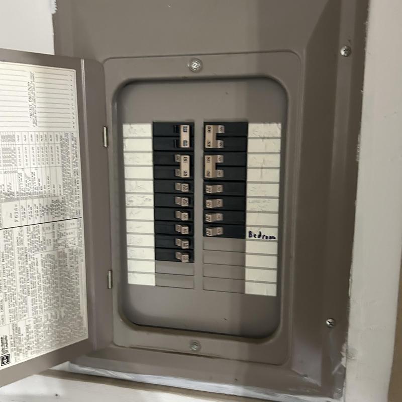 Electrical circuit breaker panel with labeled switches