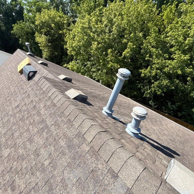 Asphalt shingle roof with vents and discoloration damage