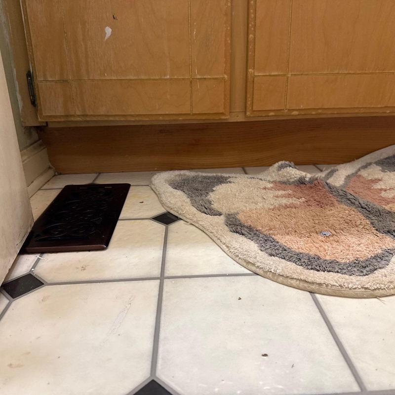 Floor vent and baseboard near kitchen cabinetry with rug