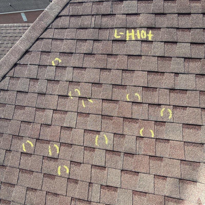Asphalt shingle roofing with marked hail damage spots