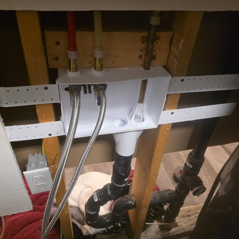 Washer box installation with water and drain lines