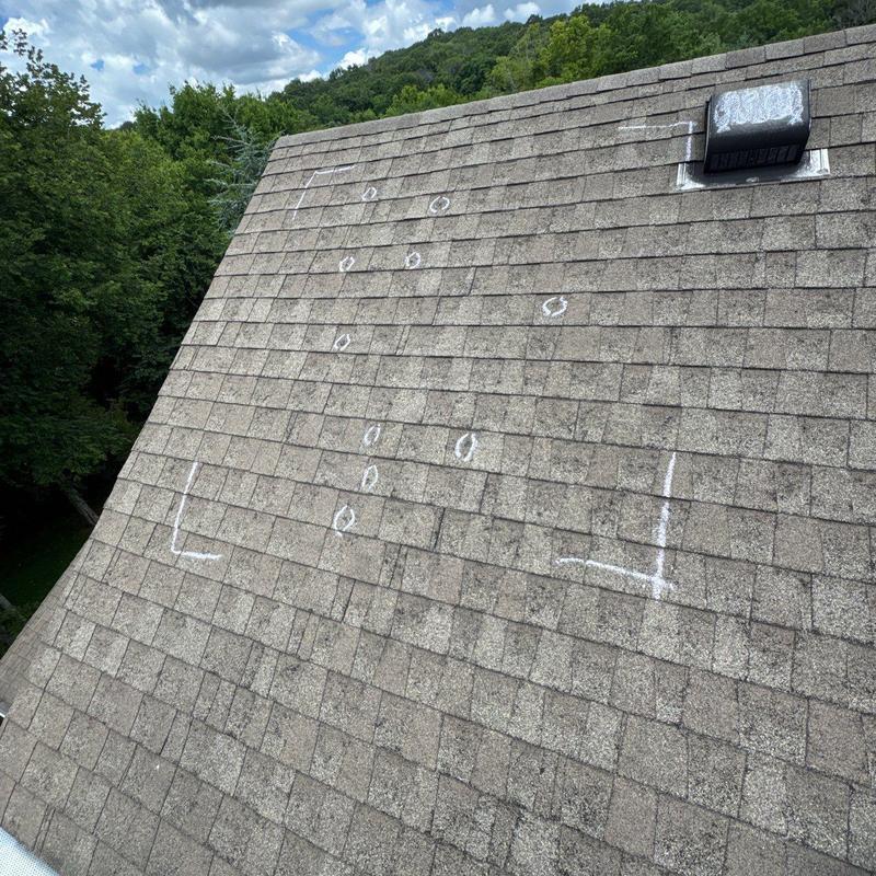 Asphalt shingle roof with hail damage markings
