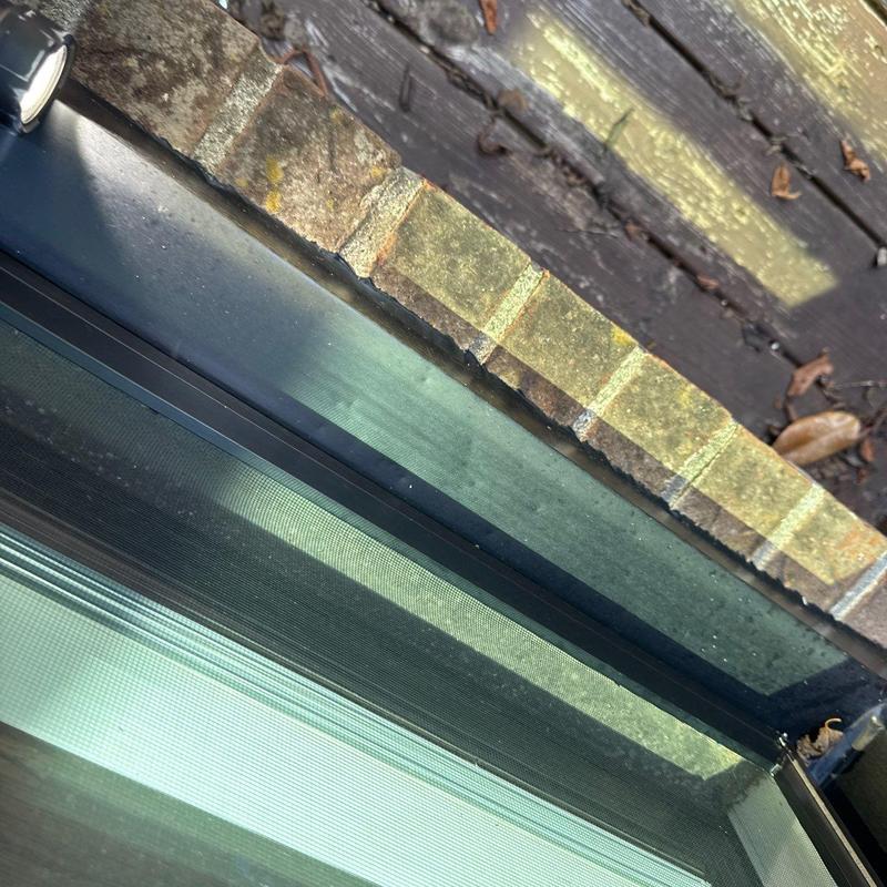 Window frame and screen with brick wall nearby