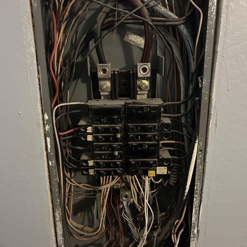 Electrical panel with multiple circuit breakers and wiring