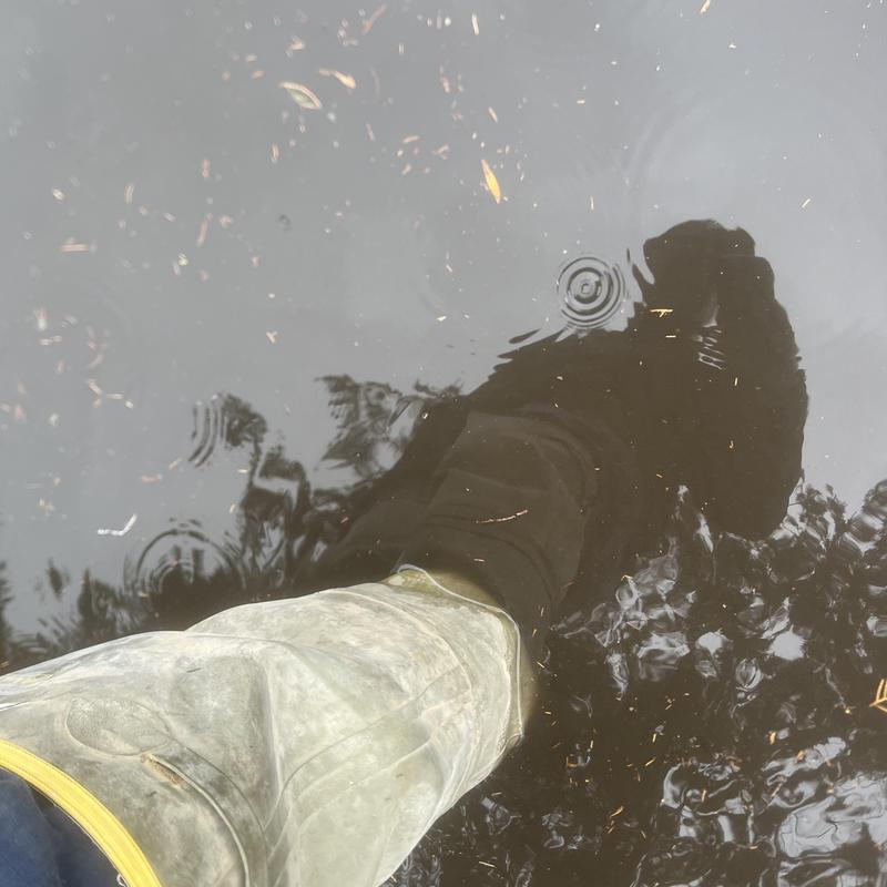 Storm water flooding with wader boots in standing water Storm water flooding with wader boots in standing water