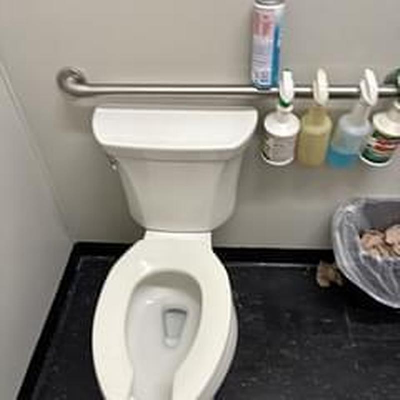 Toilet with grab bar and cleaning supplies nearby
