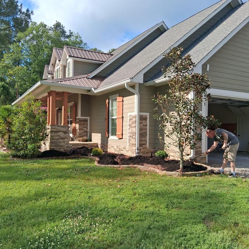 Flower bed landscaping with black mulch and plants