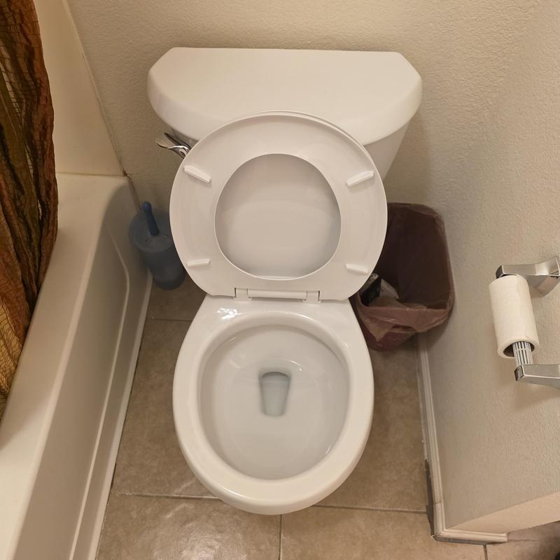 Toilet installation with open lid in residential bathroom