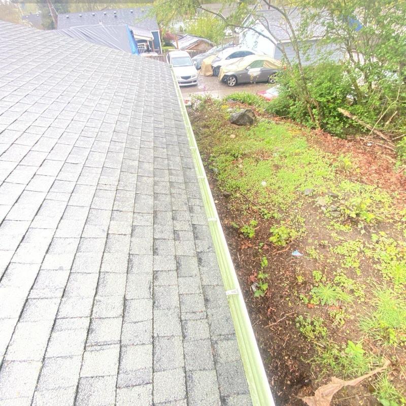 Gutter system with clean, clear flow along roof edge Gutter system with clean, clear flow along roof edge