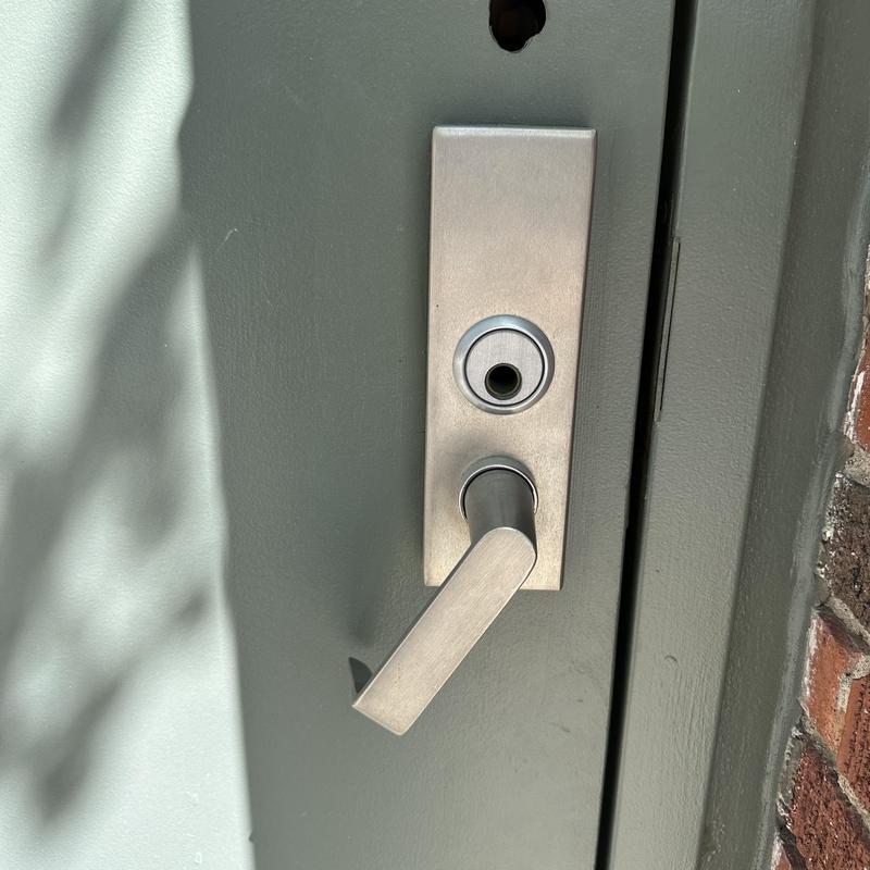 Exit device lever trim on metal door