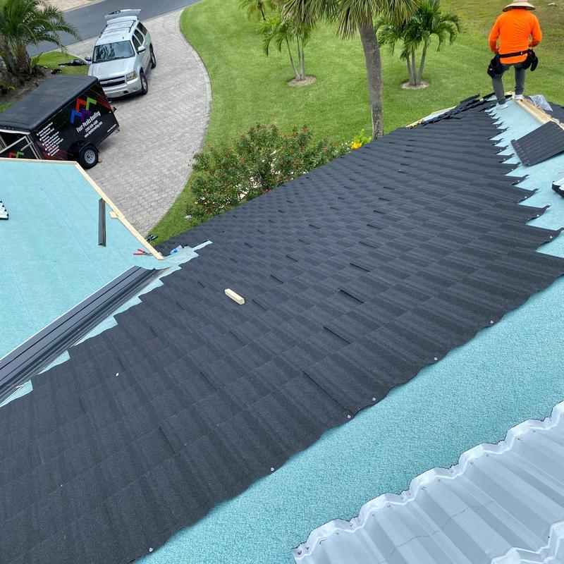 Stone-coated steel roofing installation in progress