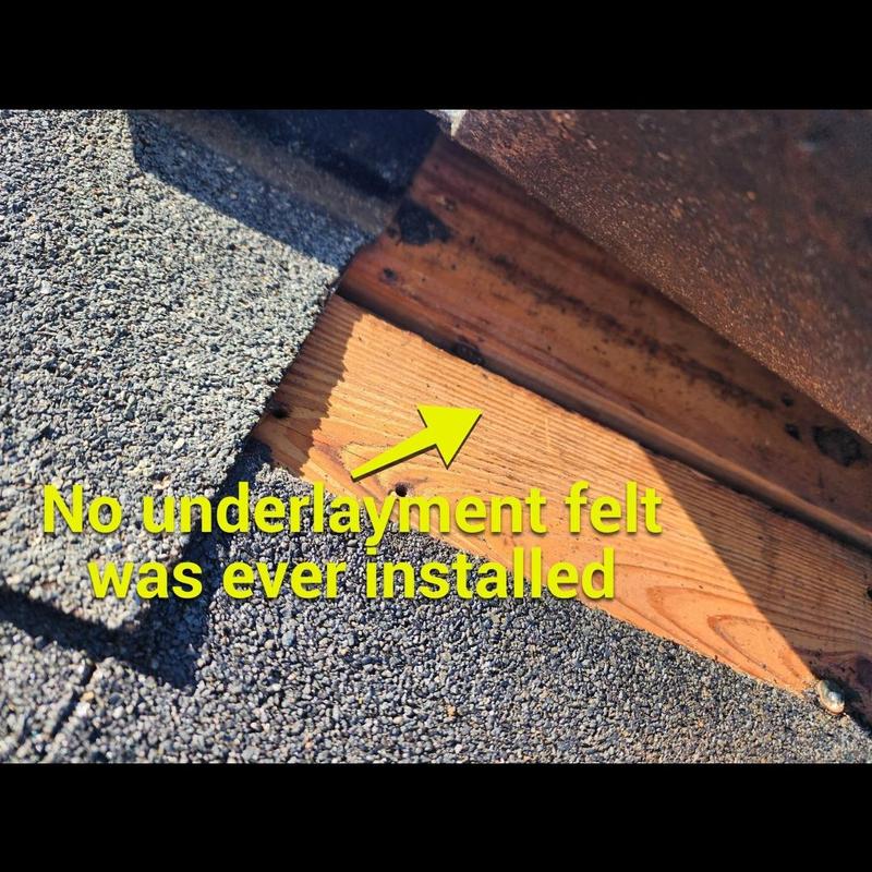 Roof shingles and exposed wood without underlayment felt