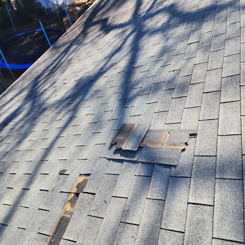 Asphalt roof shingles with visible storm damage