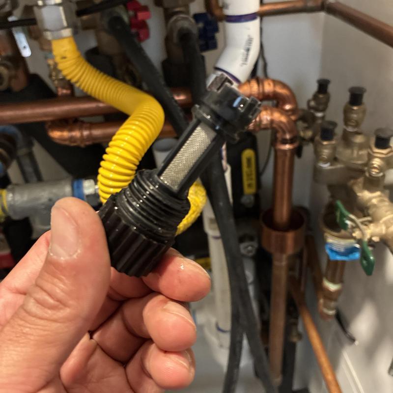 Tankless water heater filter cleaning in plumbing system