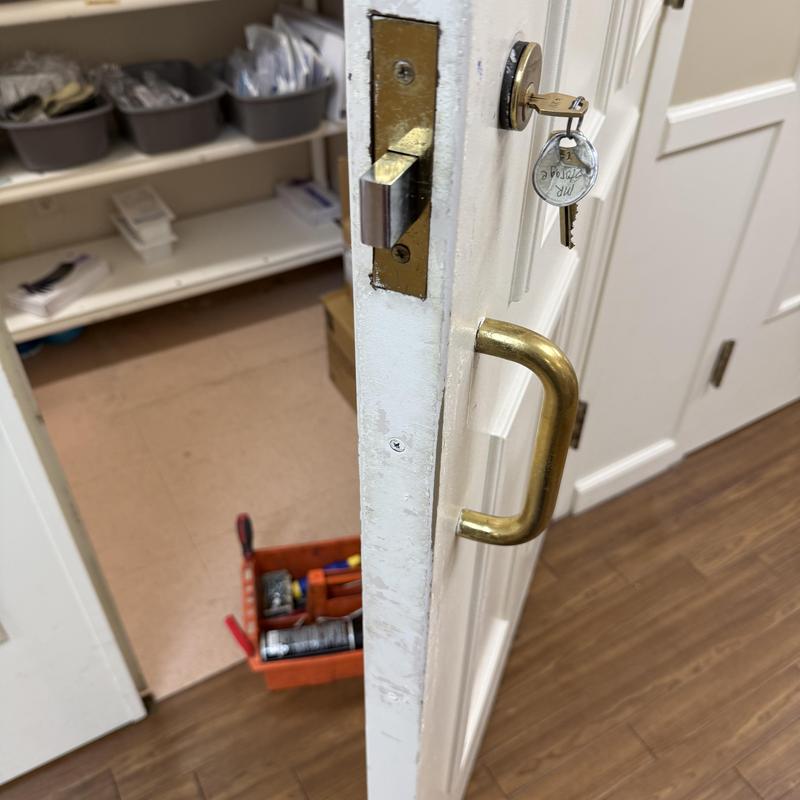 Medical room door lock with rekeyed key inserted