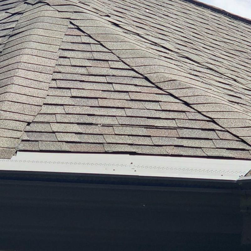 Asphalt shingle roof with visible surface damage Asphalt shingle roof with visible surface damage