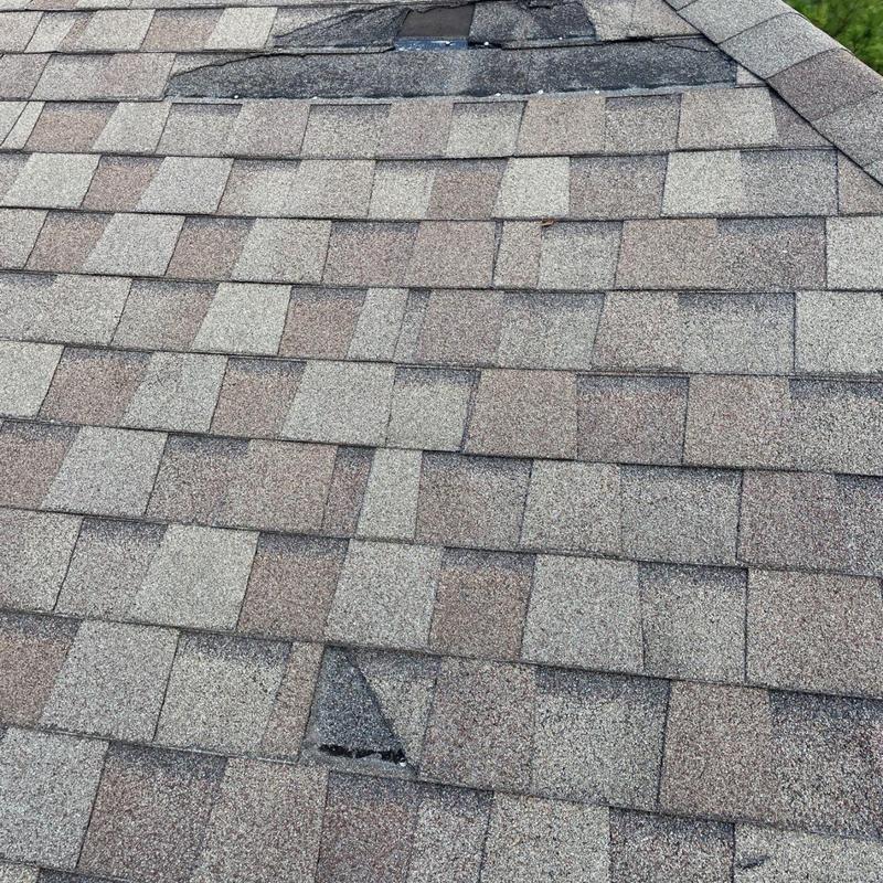 Architectural shingles with damage near ridge and slope
