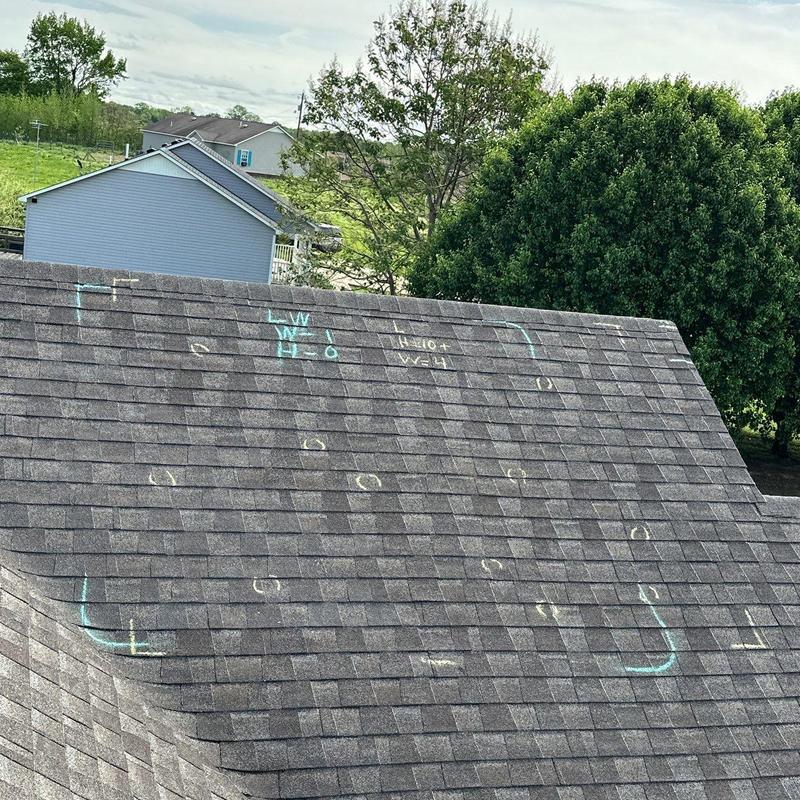 Asphalt shingle roof with hail damage markings