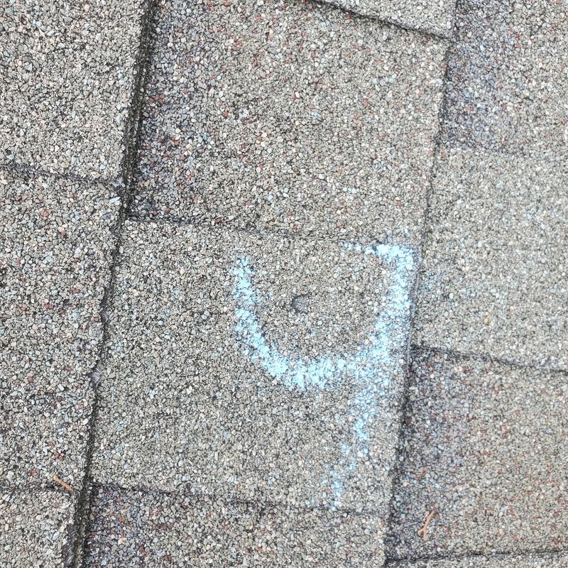 Asphalt shingles with chalk-marked hail damage