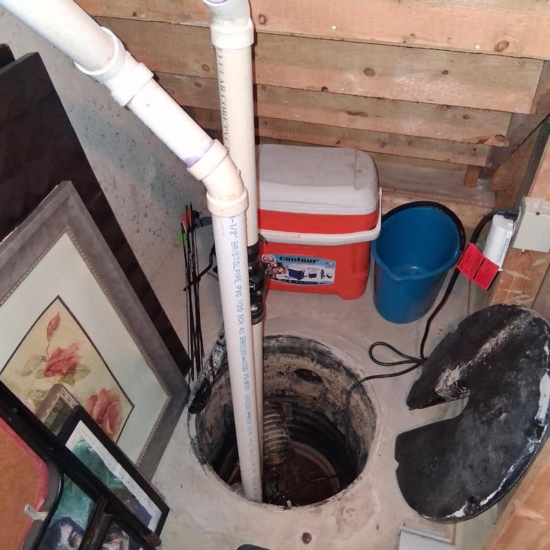 Sump pump basin with replacement plumbing pipes