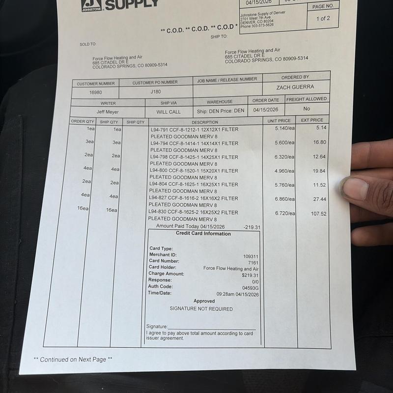 Goodman air filters order sheet with pricing details