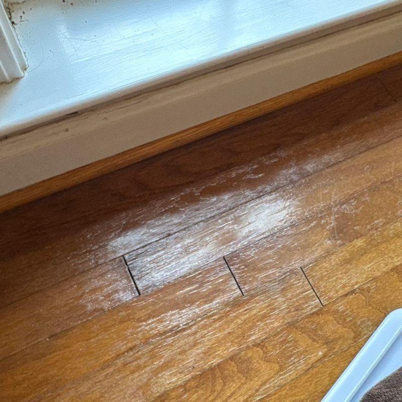 Wood floor water damage near window baseboard