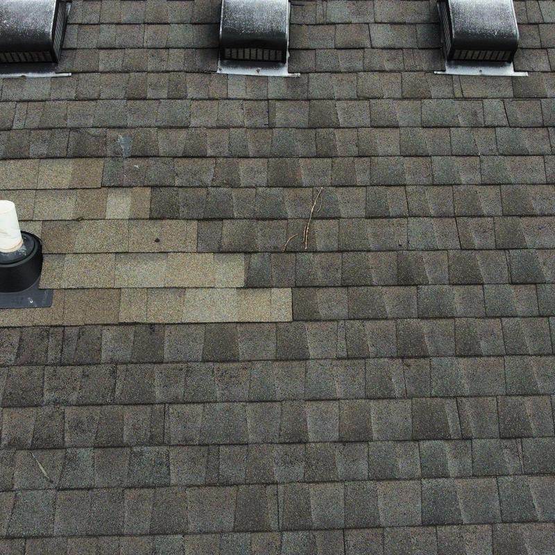 Asphalt shingle roof with hail damage and discoloration