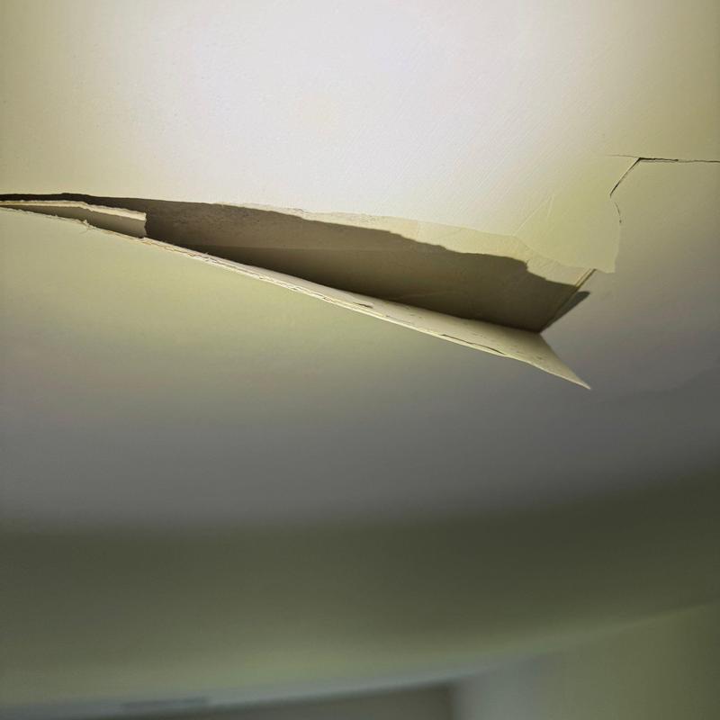 Ceiling drywall with large tear and peeling paint