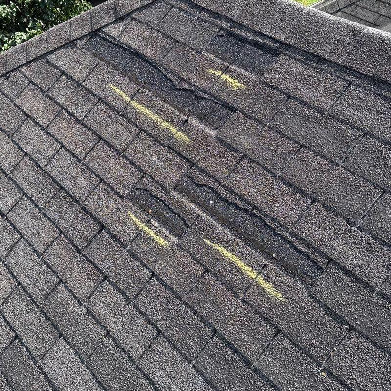 Asphalt roof shingles with hail damage and markings