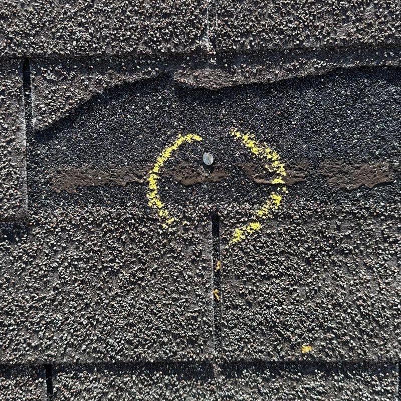 Asphalt roofing shingle nail with marked damage