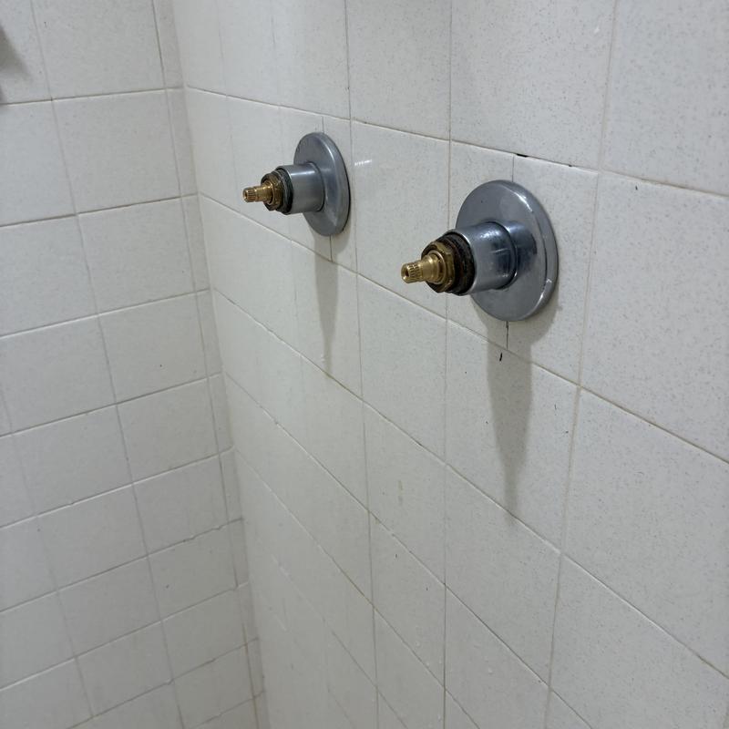 Two-handle shower faucet stems missing in tiled shower wall