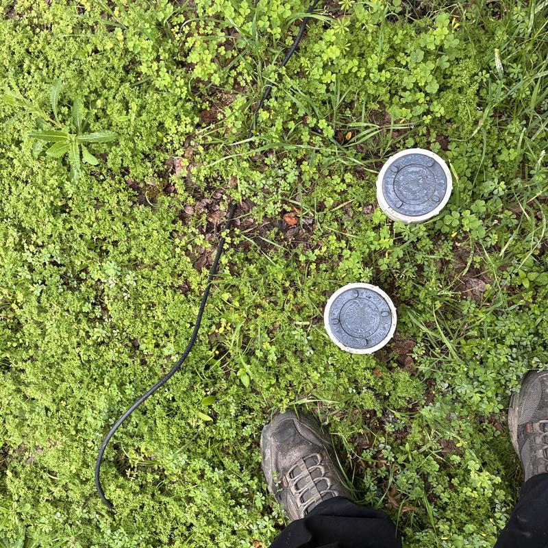 Exterior clean-outs with plumbing snake on grass