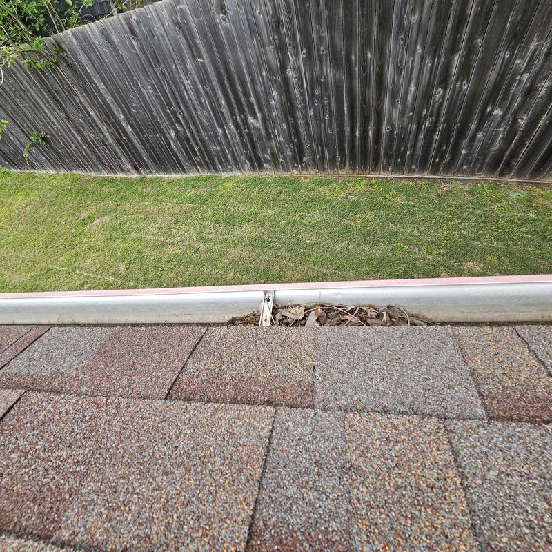Roof shingles and gutter with debris buildup