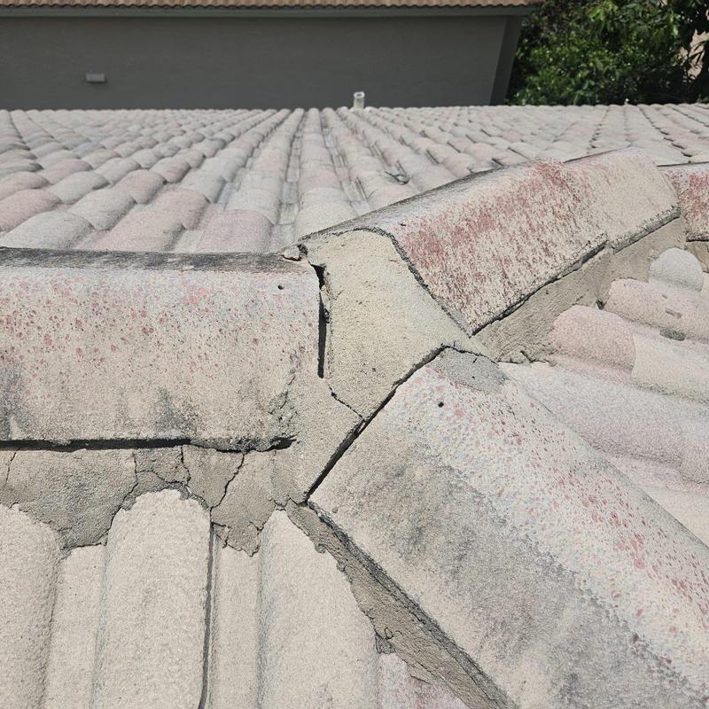 Concrete tile roof with cracked and missing mortar