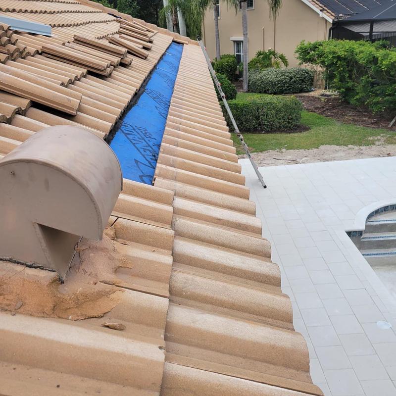 Tile roof with blue underlayment exposed during repair