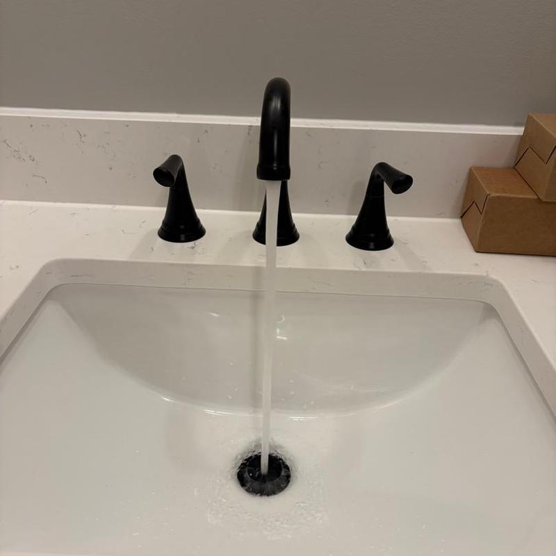 Bathroom sink faucet with black fixtures and running water