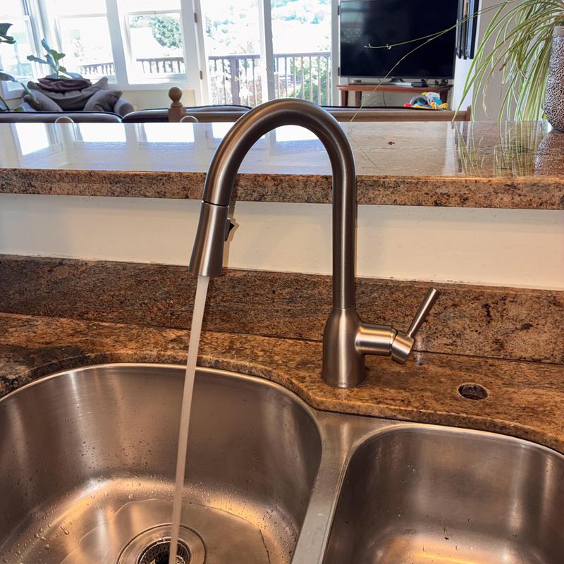 Kitchen faucet with water flowing in stainless sink
