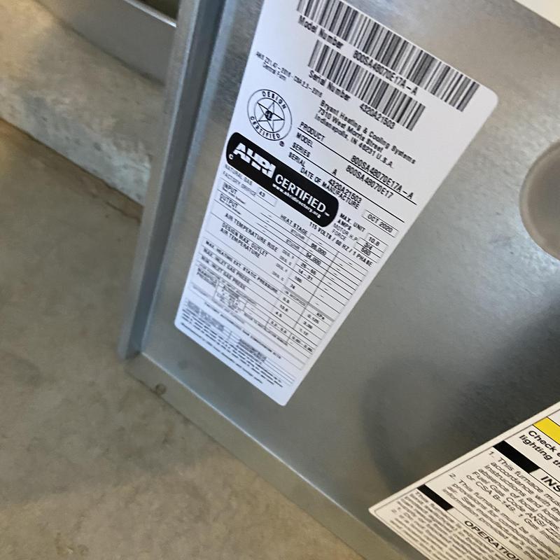 Furnace unit label showing model and certification details