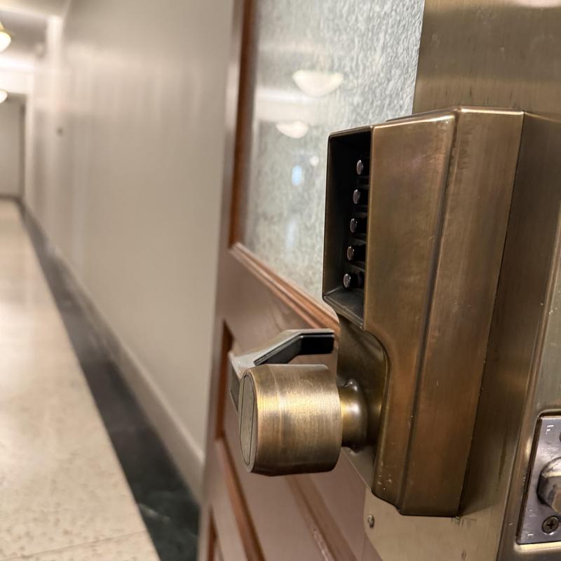 Access control keypad and lock on courthouse door