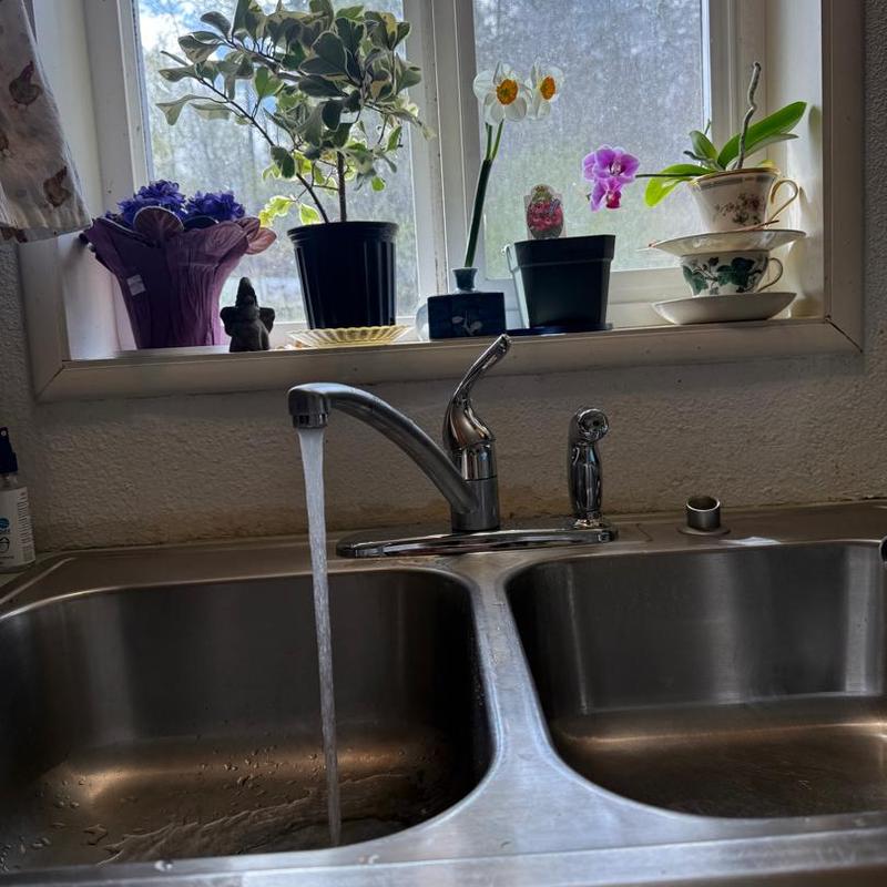 Kitchen faucet with running water in double sink