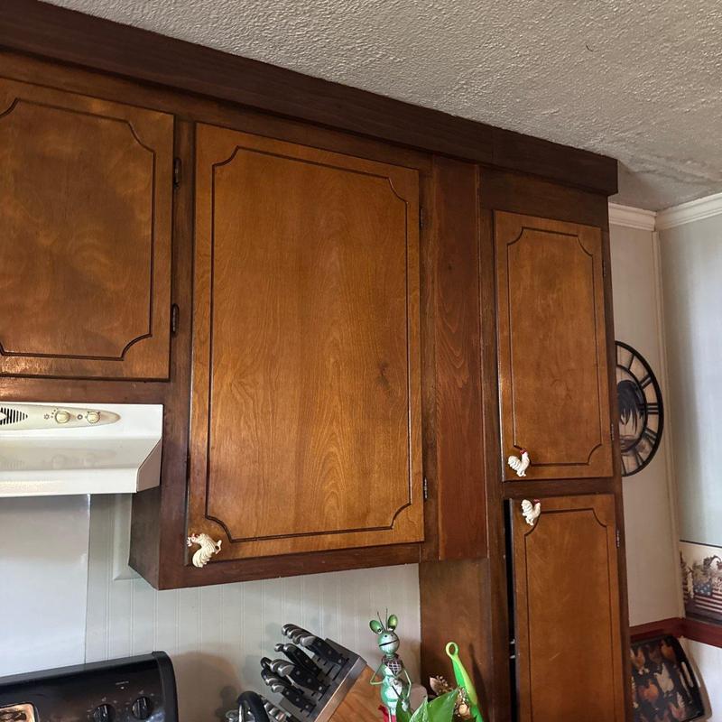 Wooden kitchen cabinets with rooster handles and decor