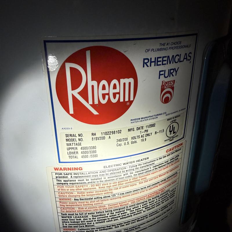 Rheem electric water heater label and caution warnings