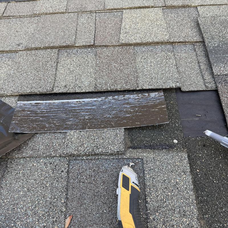 Roof shingles with missing nail and exposed hole repair