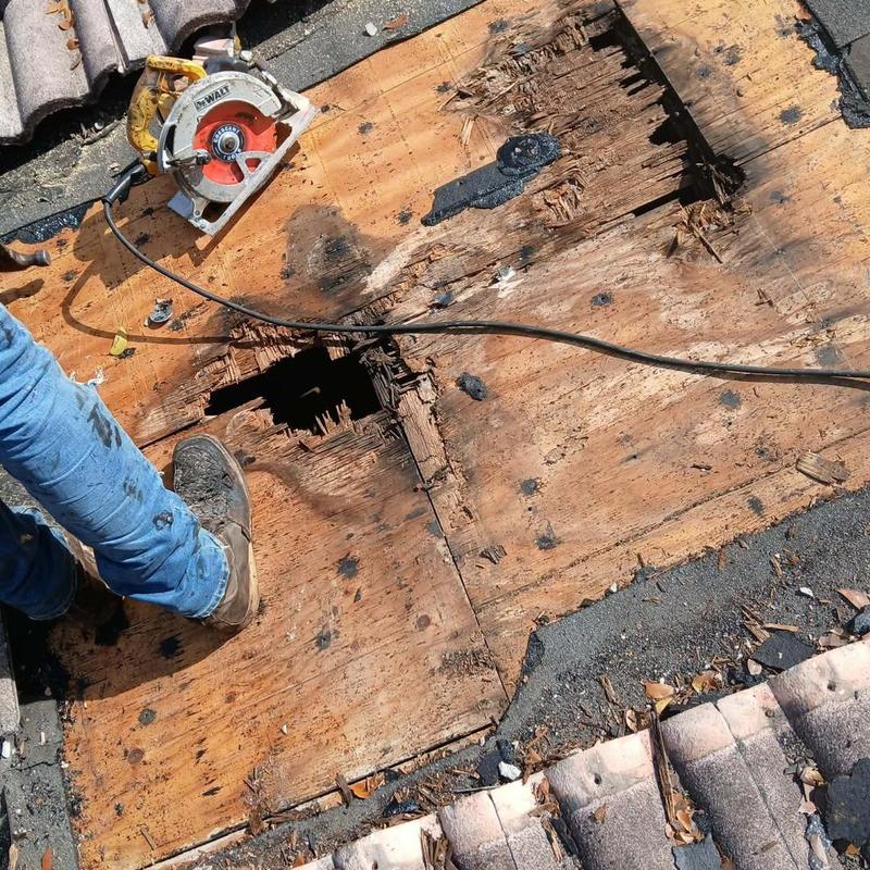 Damaged wooden roof decking with circular saw tool Damaged wooden roof decking with circular saw tool