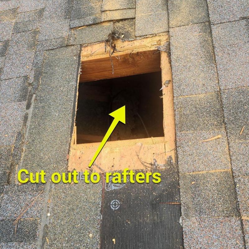 Roof shingles with cutout to rafters in storm repair Roof shingles with cutout to rafters in storm repair