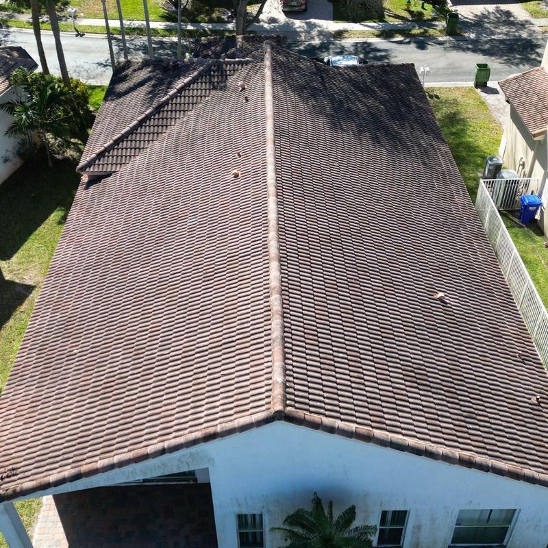 Concrete tile roof on residential home, aerial view