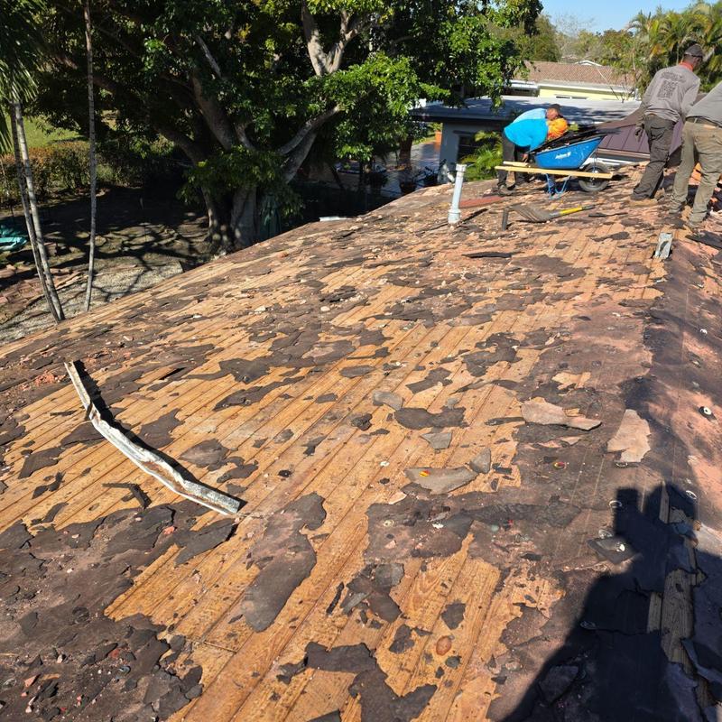 Shingle roof decking stripped for replacement work