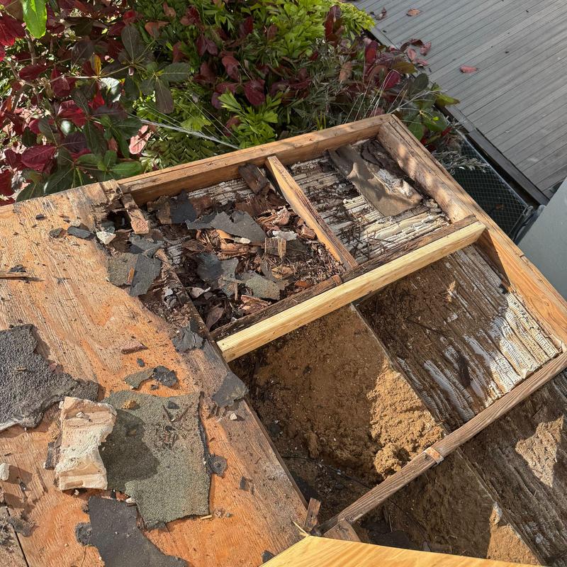 Concrete tile roof damaged wood deck exposed for repair